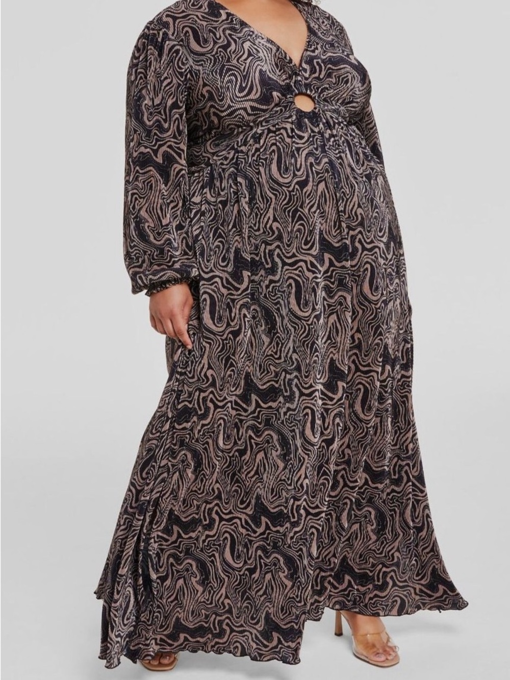 🆕 Nina Parker Womens Brown Keyhole Printed Pleated Jersey Maxi Dress Size 3X